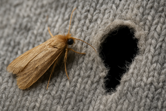 Kleidung gegen Motten schützen: Nahaufnahme einer Kleidermotte neben einem Loch in einem Wollpullover, als Symbol für Mottenbefall und den Schutz von Kleidung vor Motten